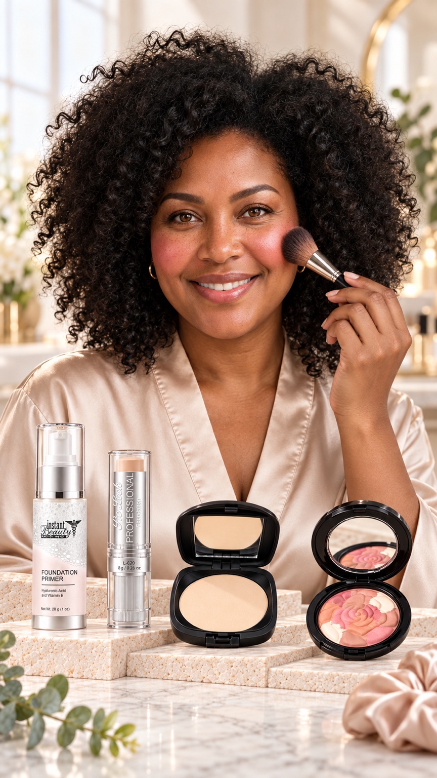 Woman using complexion products, Face Makeup category
